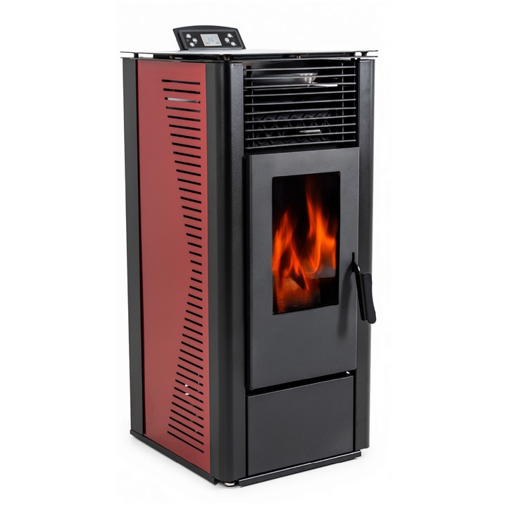 Semineu pe peleti Thunder Karmen-Red 9 KW, Capacitate de stocare de 20 kg, soba recomandat pentru 95 mp, Clasa de eficienta energetica: A+, Rosu
