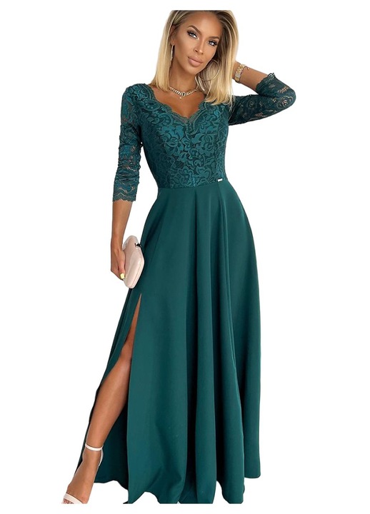 Rochie Numoco lunga eleganta verde cu dantela, Verde