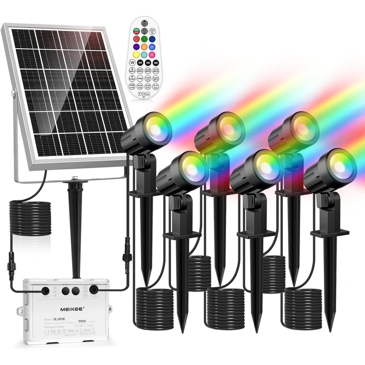 Комплект от 6 градински лампи със соларен панел, RGB LED проектор и дистанционно управление, 6000 mAh батерия, IP66 водоустойчивост, 12 режима на светене в 10 различни цвята, с тарус и 20 метра дълъг кабел