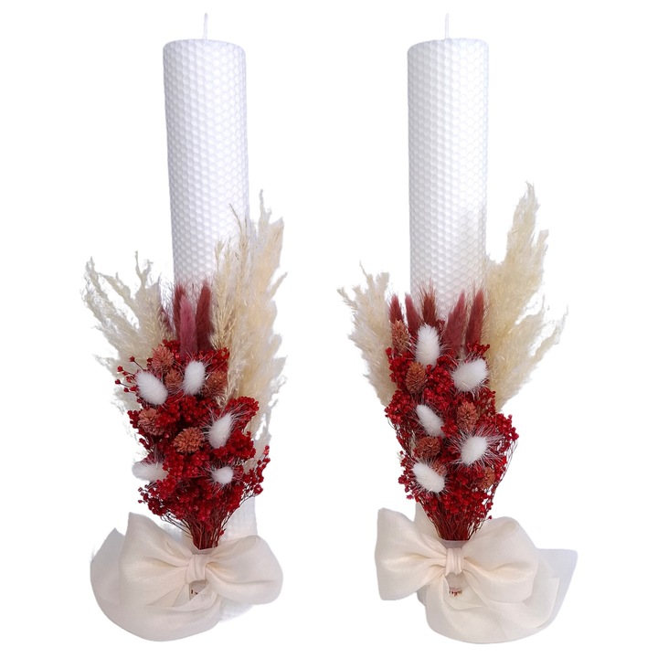 Комплект от 2 сватбени свещи от естествен восък, декорирани с пампаси и сухи естествени цветя, 40 см, бели