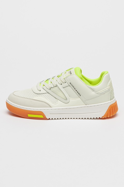 Scotch & Soda, Pantofi sport de piele cu garnituri de piele intoarsa si material sinteti New Cup, Alb/Verde neon