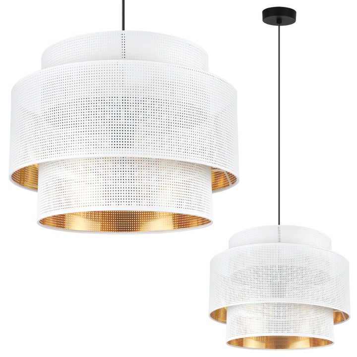 Lampa suspendata, LightHome, Asti, 40x27cm, Reglarea inaltimii, Clasa A, Rotund, Tesatura, E27, 230V, 60W, Auriu/Alb/Negru