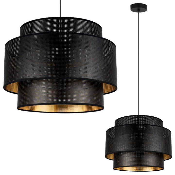 Lampa suspendata, LightHome, Asti, 40x27cm, Reglarea inaltimii, Clasa A, Rotund, Tesatura, E27, 230V, 60W, Auriu/Negru