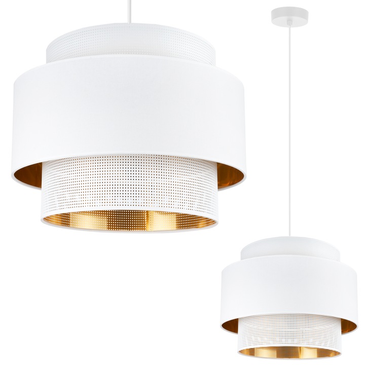 Lampa suspendata, LightHome, Asti, 40x27cm, Reglarea inaltimii, Clasa A, Rotund, Tesatura, E27, 230V, 60W, Alb/Auriu