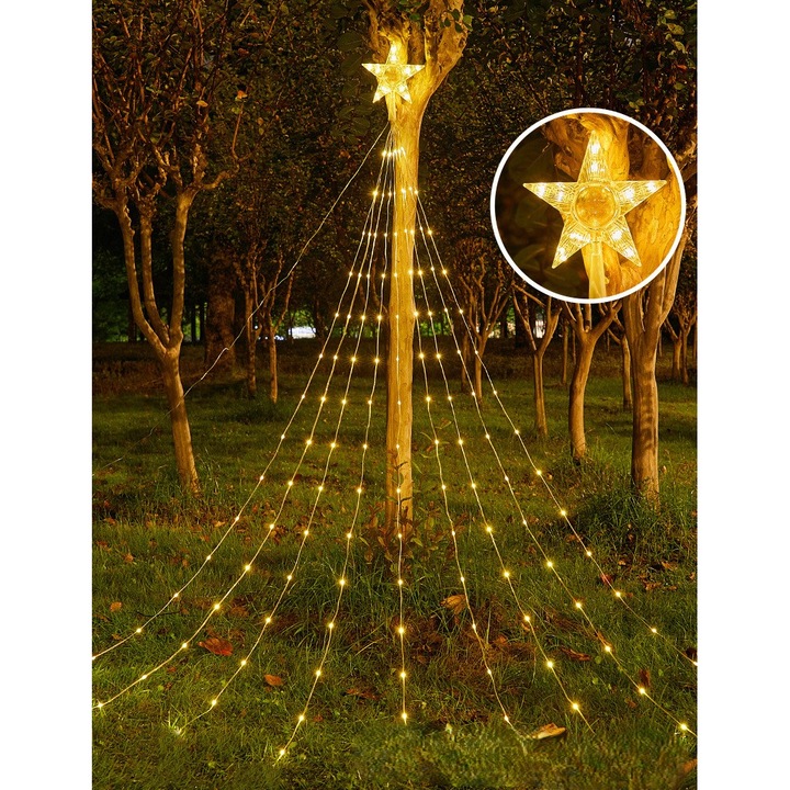 Vízesés típusú lámpa installáció Dekoratív csillaggal a tetején, SARYTA, 200 LED, 8 világítási mód, hossza 2,2 m, kültérre, elemekkel, meleg fénnyel