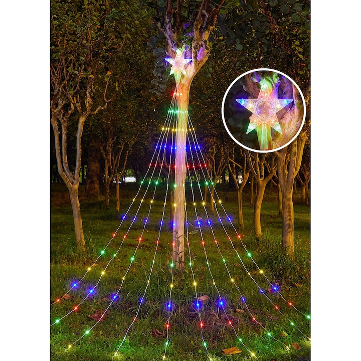 Vízesés típusú lámpa installáció, Dekoratív csillaggal a tetején, SARYTA, 200 LED, 8 világítási mód, hossza 2,2 m, kültérre, elemekkel, többszínű