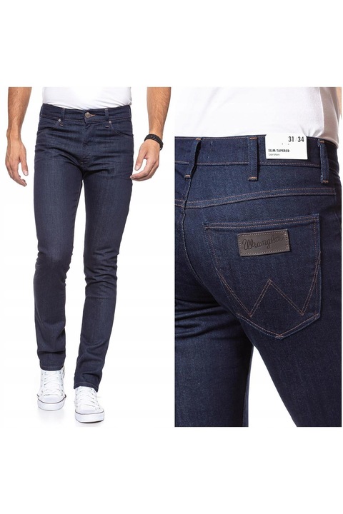 Blugi Barbati, Wrangler, Larston, W27-L32, Bumbac, Fermoar, Lungi, Talie Medie, 5 Bunzuare, High-Quality, Albastru