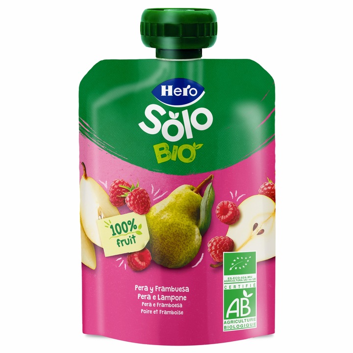 Gustare ecologica pentru bebelusi cu para si zmeura Hero Solo (Bio), 100g, 6 Luni+