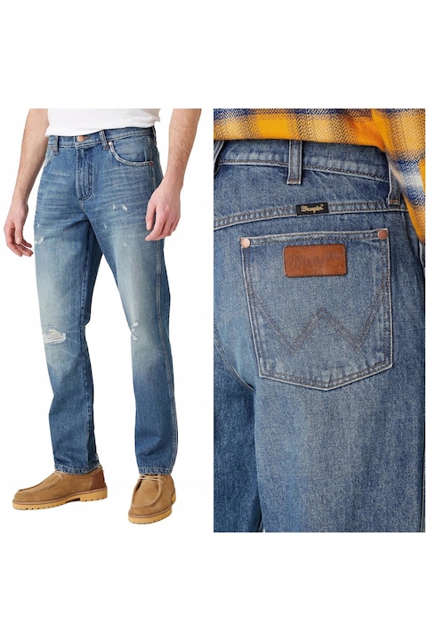 Blugi Barbati, Wrangler, Greensboro, W32-L34, 100% Bumbac, Fermoar, Lungi, Talie Joasa, 5 Bunzuare, High-Quality, Albastru