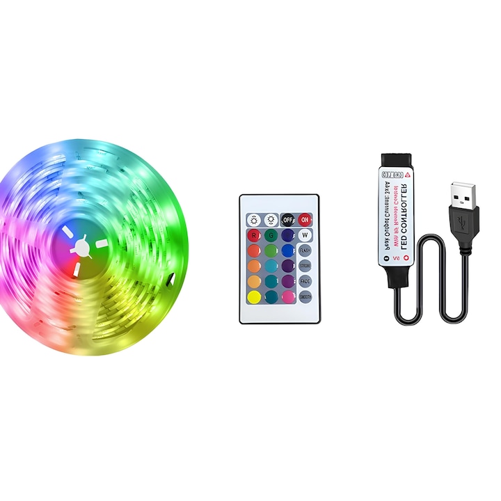 Комплект LED лента 20M, Лепило, Дистанционно управление 24 бутона, RGB, USB захранване