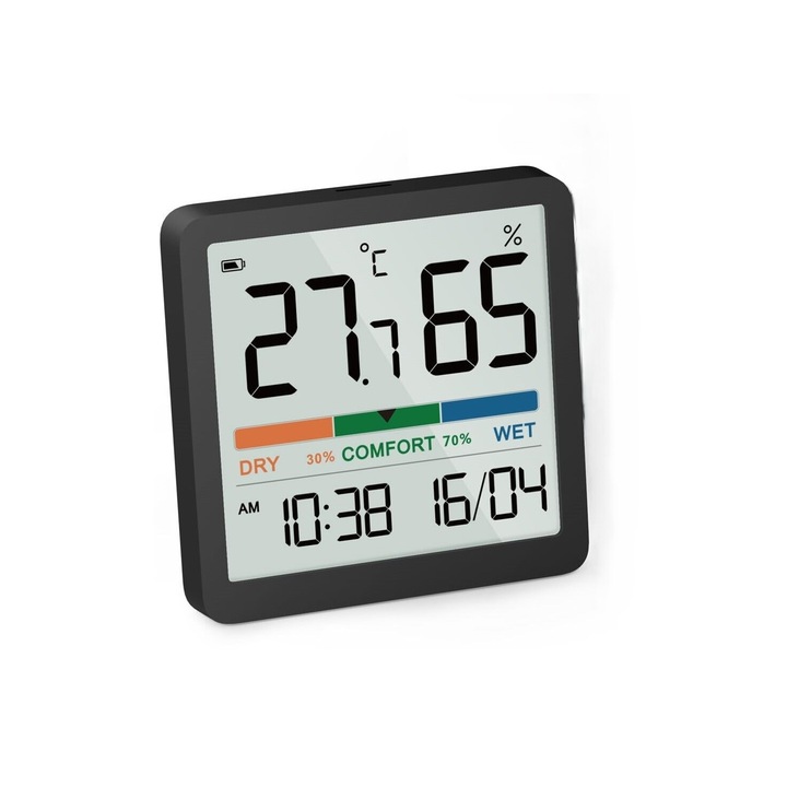 KOTYS® - Termometru si Higrometru de camera, portabil, indicator comfort, display digital LCD, afisaj ceas, fahrenheit/Celsius, 12/24h, alarma, montare perete/magnetica/suport, Negru