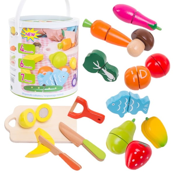 Set alimente de feliat Doris Chef cu 17 elemente din lemn, cutie pentru depoztare si transport cu maner, materiale sigure, include 2 cutite, tocator, galeata depozitare, accesoriu curatare, legume, fructe