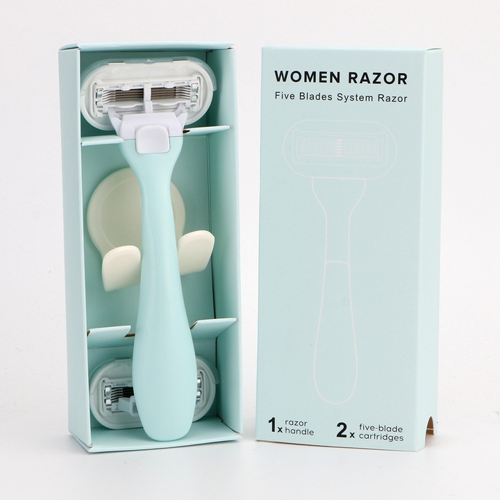 Borotva szett nőknek, 2 tartalék, 5 penge, kenőcsíkkal, kék