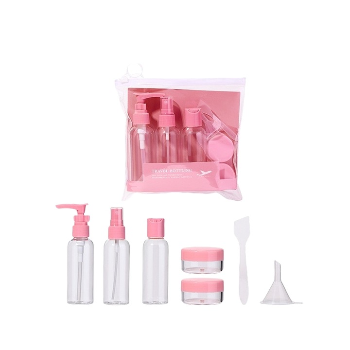 Set de calatorie 7 piese, accesorii de calatorie, roz