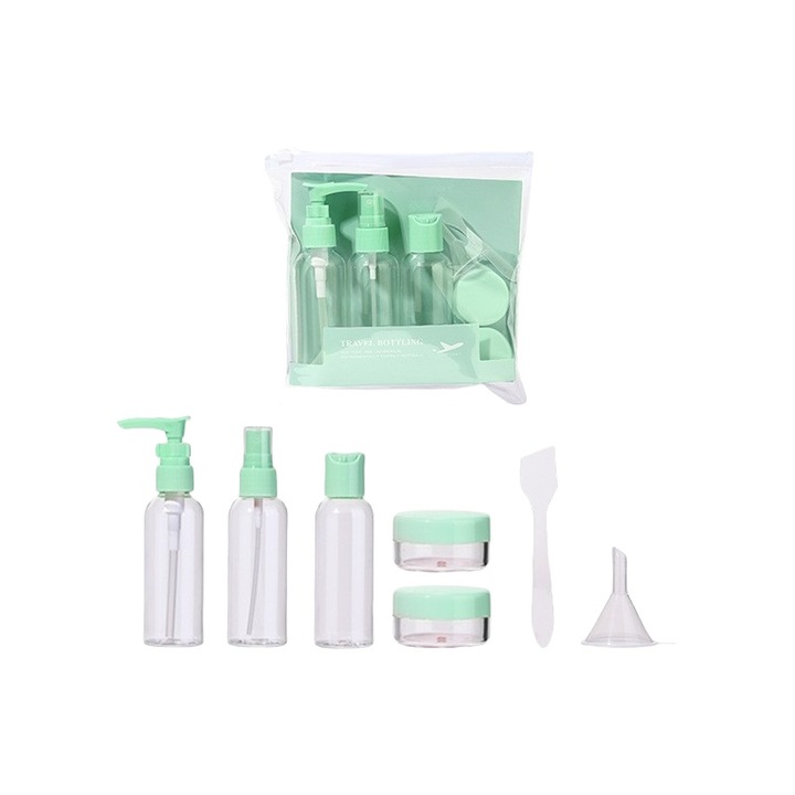 Set de calatorie 7 piese, accesorii de calatorie, verde