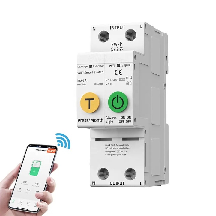 WiFi интелигентна автоматична сигурност, мониторинг на потреблението, Tuya/Smartlife, 2P полюс, 1P+N, еднофазен, 63A, съвместим с Google Home и Alexa @SmartWIZ