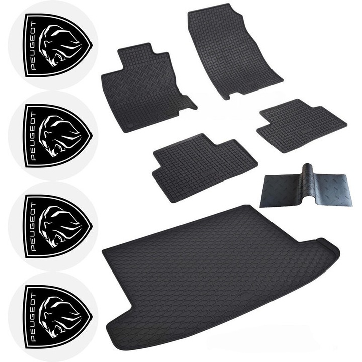 Set Covorase si tavita portbagaj auto Peugeot 3008 II din 11.2016 - prezent, caroserie suv, portbagaj inferior, covoras median si 4 stickere auto Peugeot