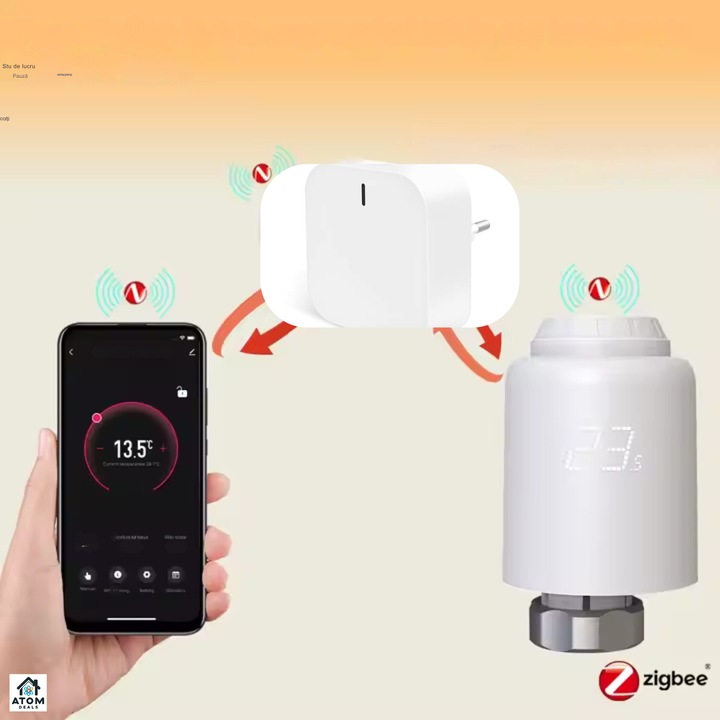 Termostat Inteligent ATOM DEALS®, ZigBee pentru radiator, supapa electronica digitala control prin aplicatie TuyaSmart, compatibil Google Home Alexa, economisire energie 30%, protectie anti-inghet, functie copii, afisaj LED, reglaj temperatura 5-30°C, alb