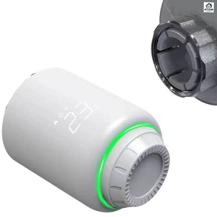 Termostat Inteligent ATOM DEALS®, ZigBee pentru radiator, supapa electronica digitala control prin aplicatie TuyaSmart, compatibil Google Home Alexa, economisire energie 30%, protectie anti-inghet, functie copii, afisaj LED, reglaj temperatura 5-30°C, alb