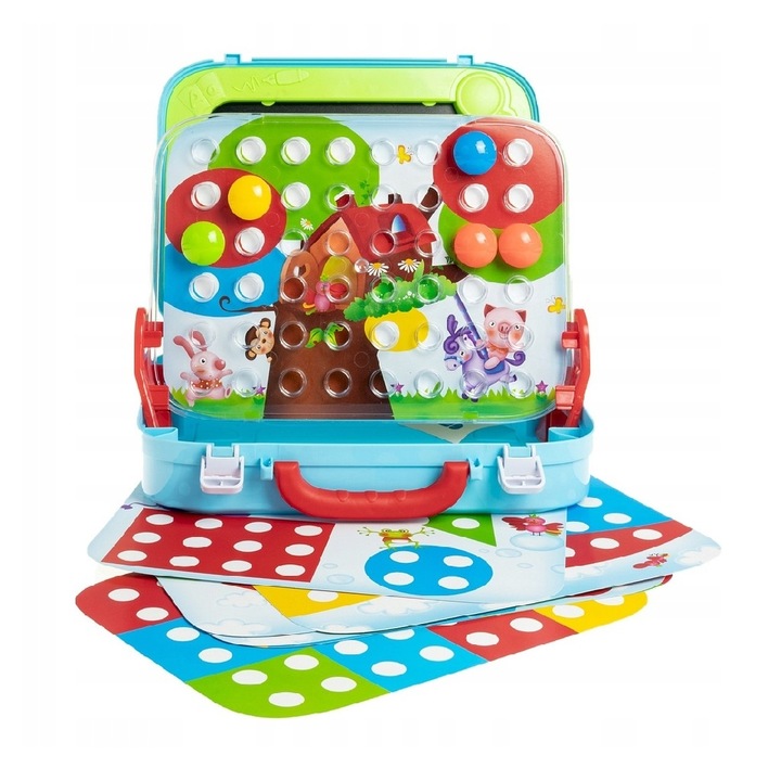 Tablita de desenat tip valiza, cu mozaic 2 in 1, roti zimtate si diferite accesorii, multicolor