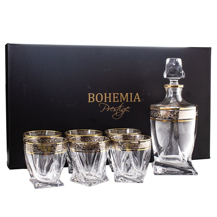 Bohemia Prestige kristály whisky készlet, 1 karaffa + 6 pohár, platina dekoráció, 770ml, 28x11,5cm