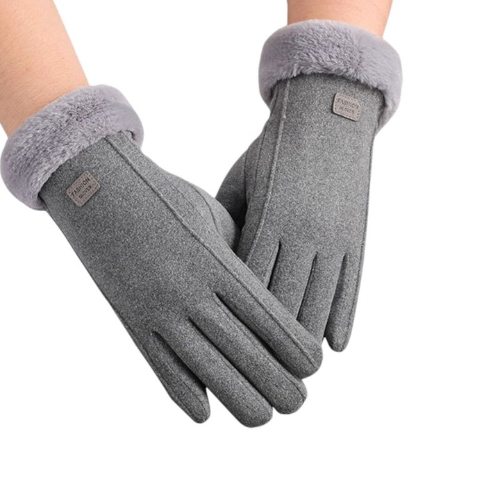 Manusi unisex, Blana sintetica, Gri, Marime unica