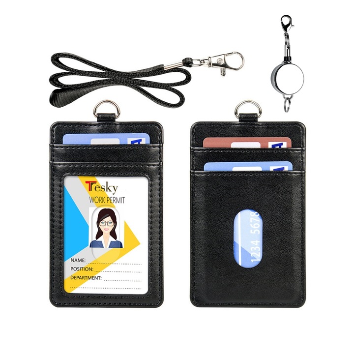 Suport ecuson, Piele ecologica, 4 Buzunare, Negru