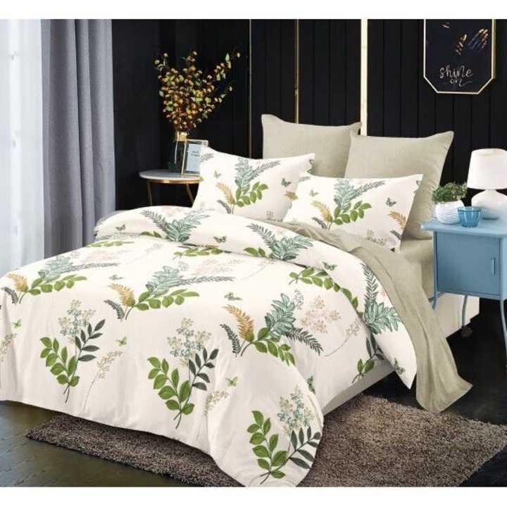 Lenjerie De Pat Finet 6 Piese, Cearceaf pat 230x260cm Cu Elastic, Cearceaf Pilota 220x200 cm, 2 Fete Perna 50x70 cm, 2 Fete Perna 70x70 cm, Model Cu Petale roz