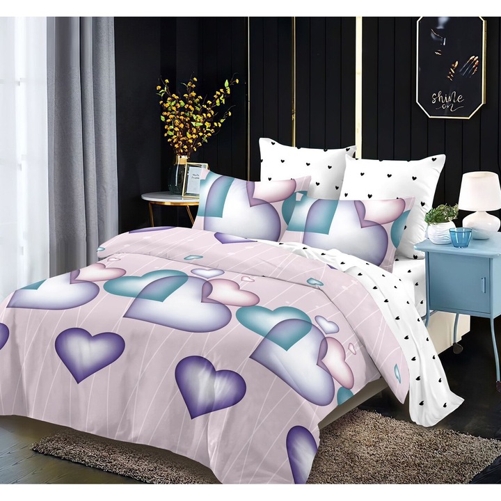 Lenjerie De Pat Finet 6 Piese, Cearceaf pat 230x260cm Cu Elastic, Cearceaf Pilota 220x200 cm, 2 Fete Perna 50x70 cm, 2 Fete Perna 70x70 cm, Model pentru Copii cu Flori