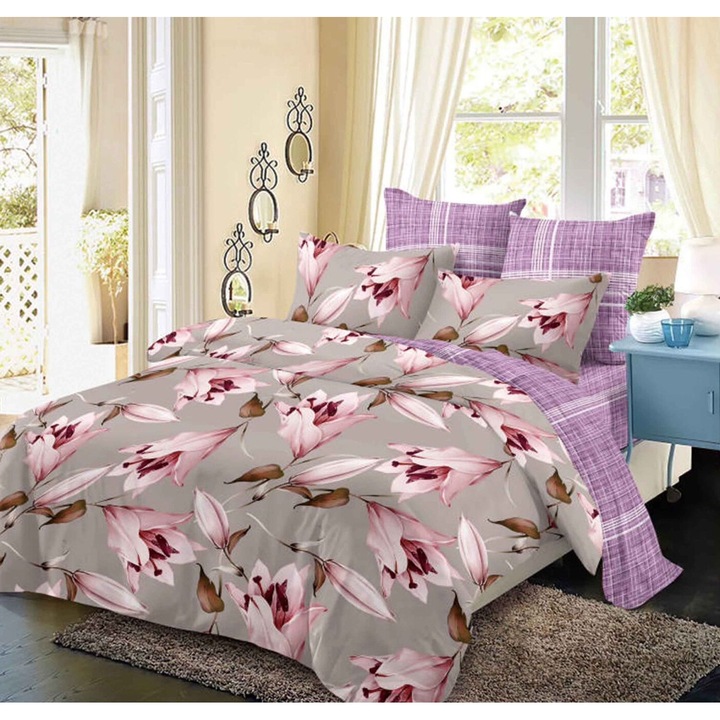 Lenjerie De Pat Finet 6 Piese, Cearceaf pat 230x260cm Cu Elastic, Cearceaf Pilota 220x200 cm, 2 Fete Perna 50x70 cm, 2 Fete Perna 70x70 cm, Model Cu Forme Colorate