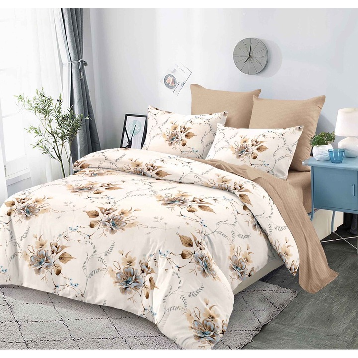 Lenjerie De Pat Finet 6 Piese, Cearceaf pat 230x260cm Cu Elastic, Cearceaf Pilota 220x200 cm, 2 Fete Perna 50x70 cm, 2 Fete Perna 70x70 cm, Model cu Dungi