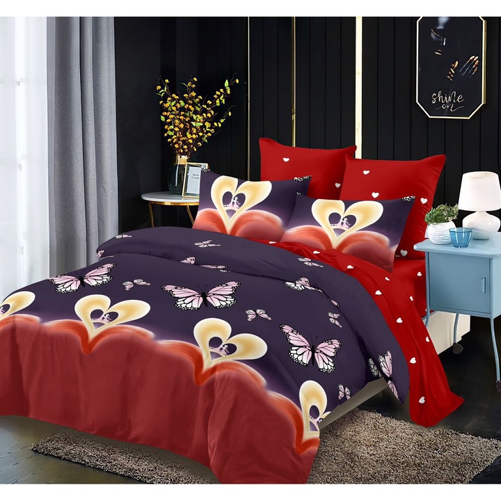 Lenjerie De Pat Finet 6 Piese, Cearceaf pat 230x260cm Cu Elastic, Cearceaf Pilota 220x200 cm, 2 Fete Perna 50x70 cm, 2 Fete Perna 70x70 cm, Model Pentru Copii cu Floricele