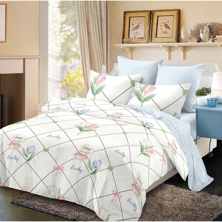 Lenjerie De Pat Finet 6 Piese, Cearceaf pat 230x260cm Cu Elastic, Cearceaf Pilota 220x200 cm, 2 Fete Perna 50x70 cm, 2 Fete Perna 70x70 cm, Model cu Fluturi Verzi