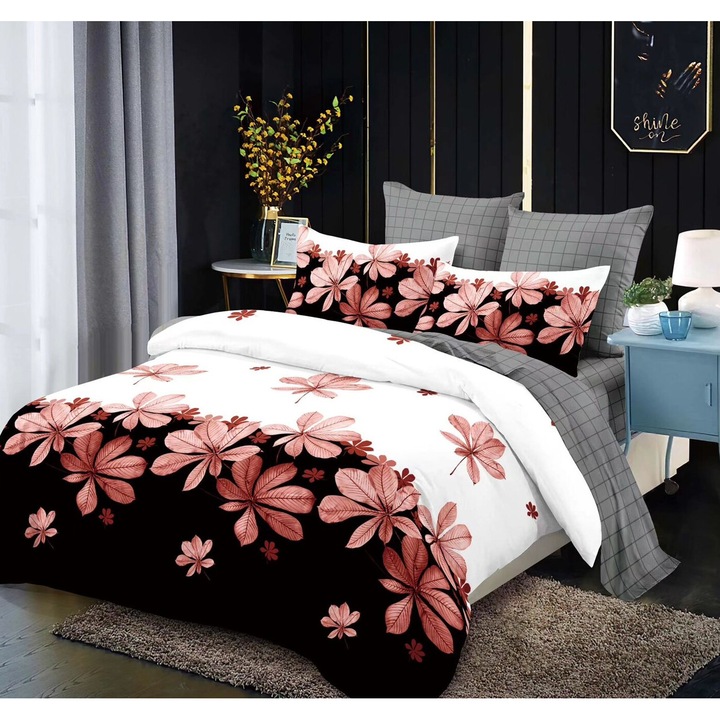 Lenjerie De Pat Finet 6 Piese, Cearceaf pat 230x260cm Cu Elastic, Cearceaf Pilota 220x200 cm, 2 Fete Perna 50x70 cm, 2 Fete Perna 70x70 cm, Cu Flori si Crengute Verzi