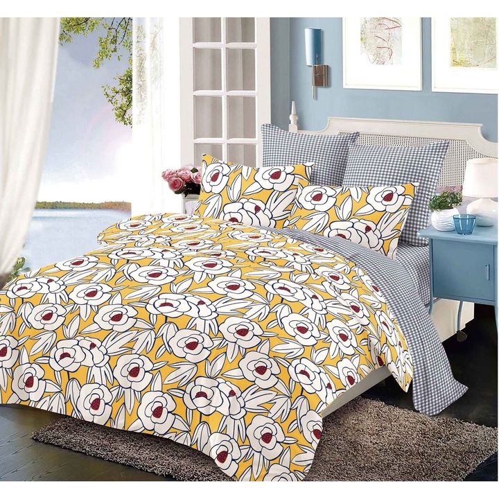 Lenjerie De Pat Finet 6 Piese, Cearceaf pat 230x260cm Cu Elastic, Cearceaf Pilota 220x200 cm, 2 Fete Perna 50x70 cm, 2 Fete Perna 70x70 cm, Model cu Pene in 3 Culori