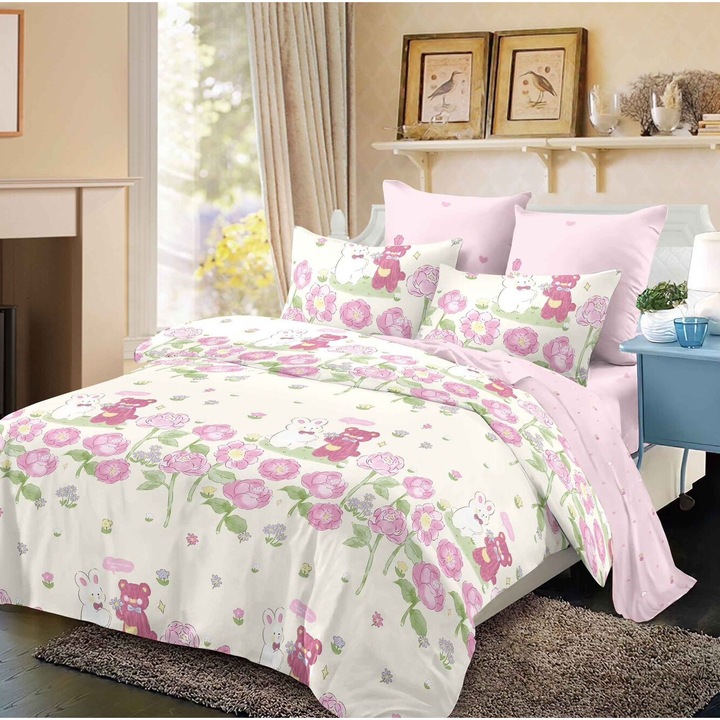 Lenjerie De Pat Finet 6 Piese, Cearceaf pat 230x260cm Cu Elastic, Cearceaf Pilota 220x200 cm, 2 Fete Perna 50x70 cm, 2 Fete Perna 70x70 cm, Cu Flori Albastrele