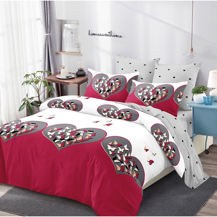 Lenjerie De Pat Finet 6 Piese, Cearceaf pat 230x260cm Cu Elastic, Cearceaf Pilota 220x200 cm, 2 Fete Perna 50x70 cm, 2 Fete Perna 70x70 cm, Cu Model cu Fluturi Galbeni