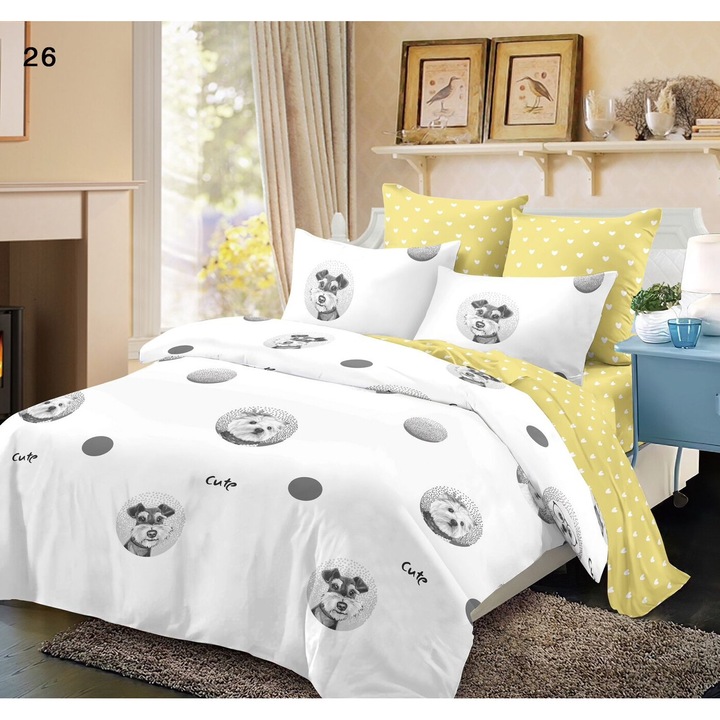 Lenjerie De Pat Finet 6 Piese, Cearceaf pat 230x260cm Cu Elastic, Cearceaf Pilota 220x200 cm, 2 Fete Perna 50x70 cm, 2 Fete Perna 70x70 cm, Cu Flori Multicolore