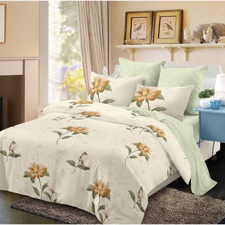 Lenjerie De Pat Finet 6 Piese, Cearceaf pat 230x260cm Cu Elastic, Cearceaf Pilota 220x200 cm, 2 Fete Perna 50x70 cm, 2 Fete Perna 70x70 cm, Model cu Frunze De Toamna Multicolor