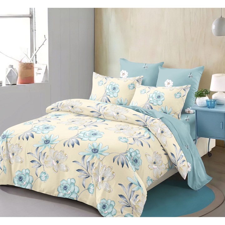 Lenjerie De Pat Finet 6 Piese, Cearceaf pat 230x260cm Cu Elastic, Cearceaf Pilota 220x200 cm, 2 Fete Perna 50x70 cm, 2 Fete Perna 70x70 cm, Model cu Ursuleti, Iepurasi si Flori