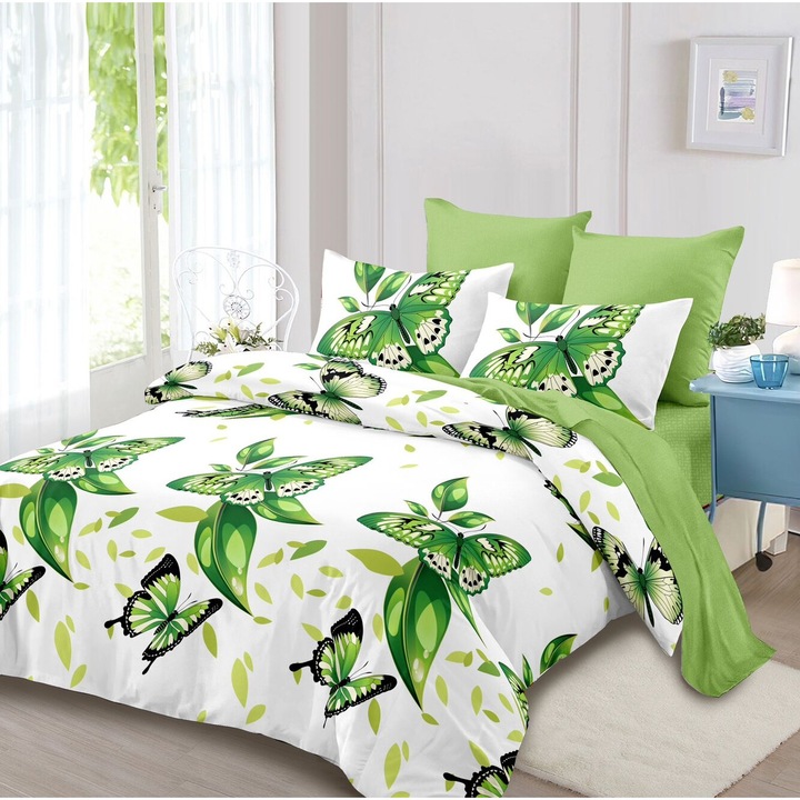 Lenjerie De Pat Finet 6 Piese, Cearceaf pat 230x260cm Cu Elastic, Cearceaf Pilota 220x200 cm, 2 Fete Perna 50x70 cm, 2 Fete Perna 70x70 cm, Cu Flori si Iepurasi