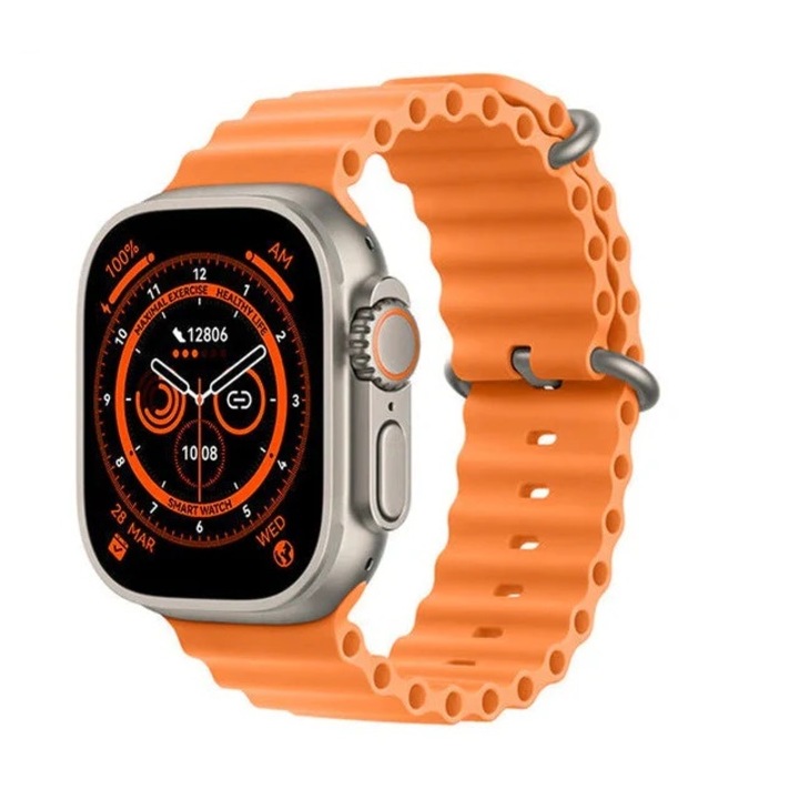 Set modern 6 in 1 cu ceas inteligent 49mm, ecran 2", powerbank, casti in-ear, incarcator si cabluri, portocaliu