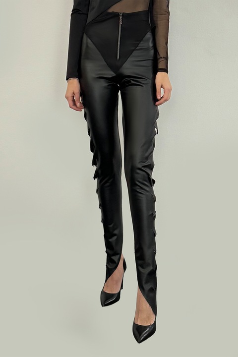 UVIA, Pantaloni skinny din piele ecologica cu terminatii asimetrice, Negru