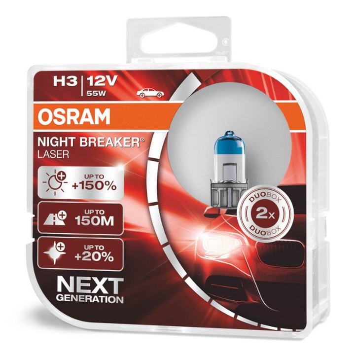 Becuri halogen H3 12V 55W Osram NIGHT BREAKER LASER, set 2 buc, 150% mai luminoase, 150m iluminare