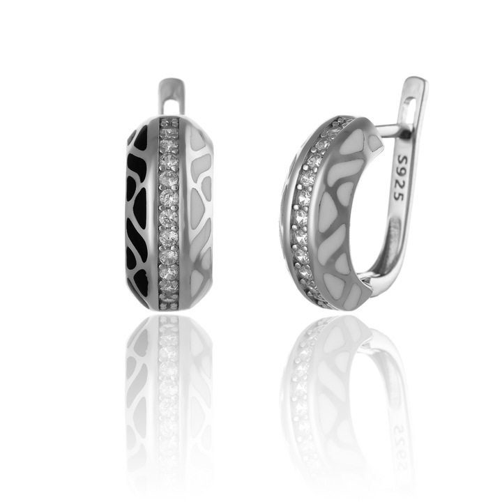 Cercei din argint 925 rodiat, Piatra : cubic zirconia si email, Culoare : transparent, alb si negru, Sonis Silver