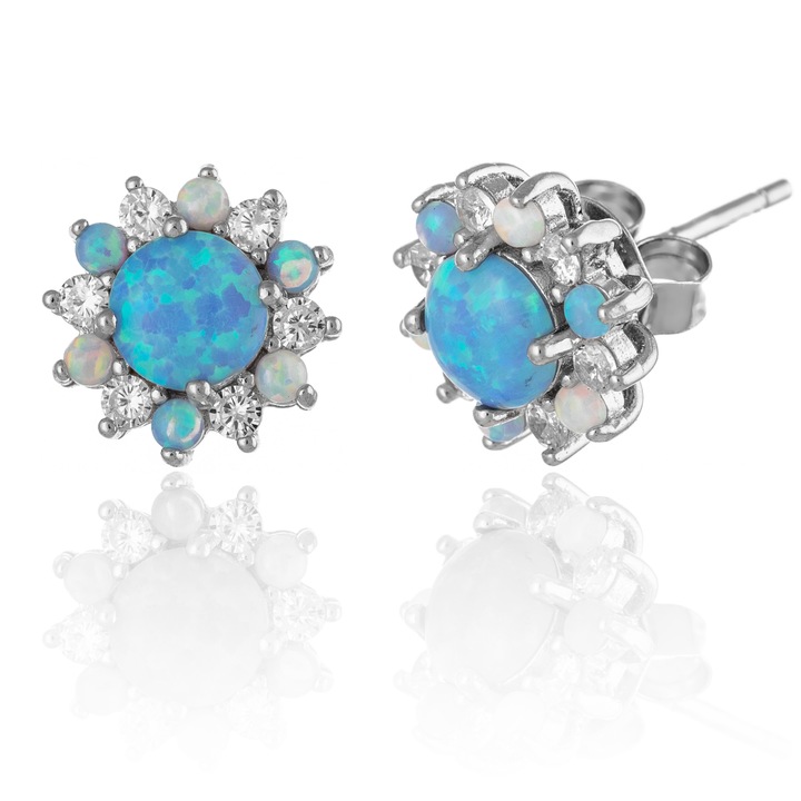 Cercei din argint 925 rodiat, Piatra : opal de laborator si cubic zirconia, Culoare : albastru si transparent