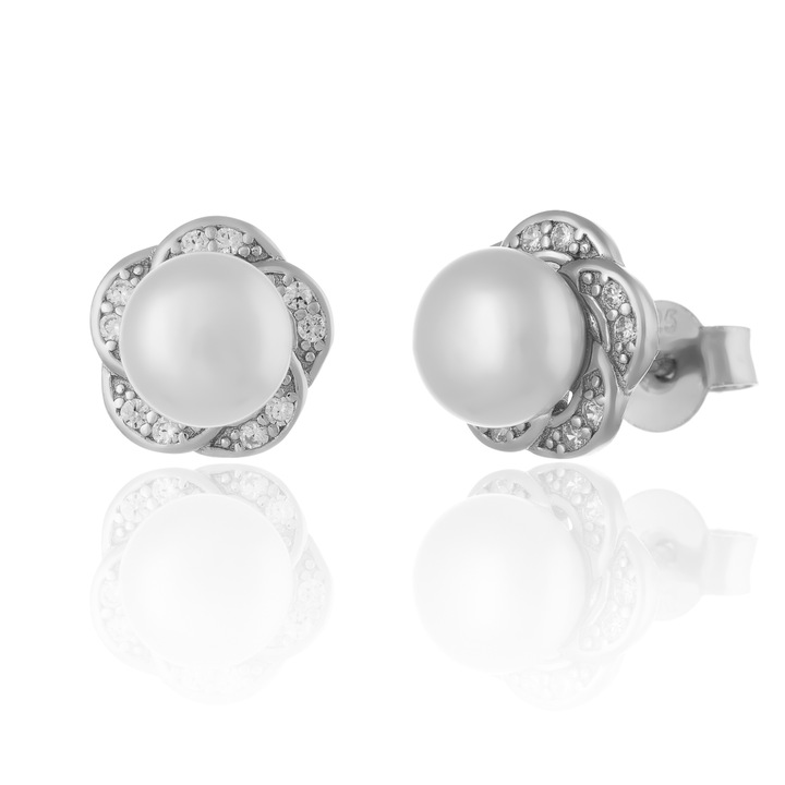 Cercei din argint 925 rodiat, Piatra : perla de laborator si cubic zirconia