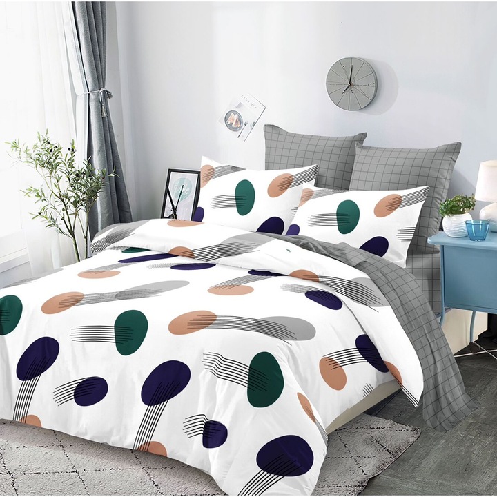 Lenjerie De Pat Finet 6 Piese, Cearceaf pat 230x260cm Cu Elastic, Cearceaf Pilota 220x200 cm, 2 Fete Perna 50x70 cm, 2 Fete Perna 70x70 cm, Cu Frunze De Ficus Multicolore