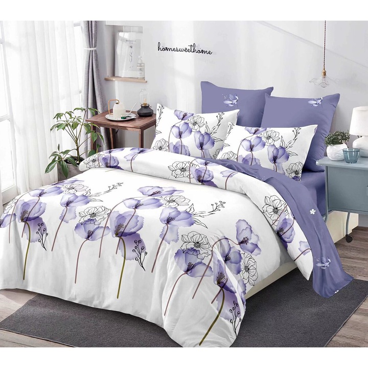 Lenjerie De Pat Finet 6 Piese, Cearceaf pat 230x260cm Cu Elastic, Cearceaf Pilota 220x200 cm, 2 Fete Perna 50x70 cm, 2 Fete Perna 70x70 cm Model cu Fluturi Albastri