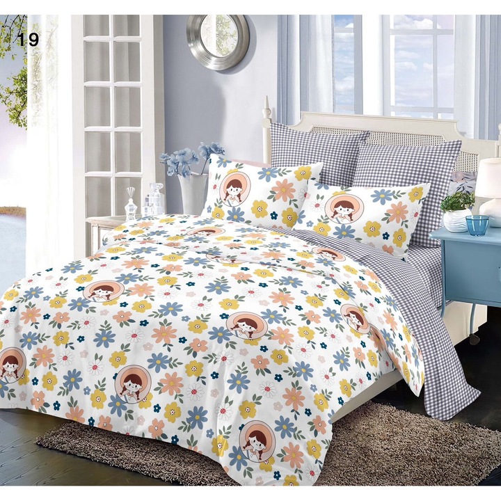 Lenjerie De Pat Finet 6 Piese, Cearceaf pat 230x260cm Cu Elastic, Cearceaf Pilota 220x200 cm, 2 Fete Perna 50x70 cm, 2 Fete Perna 70x70 cm, Cu Inimioare pe Fundal Maro